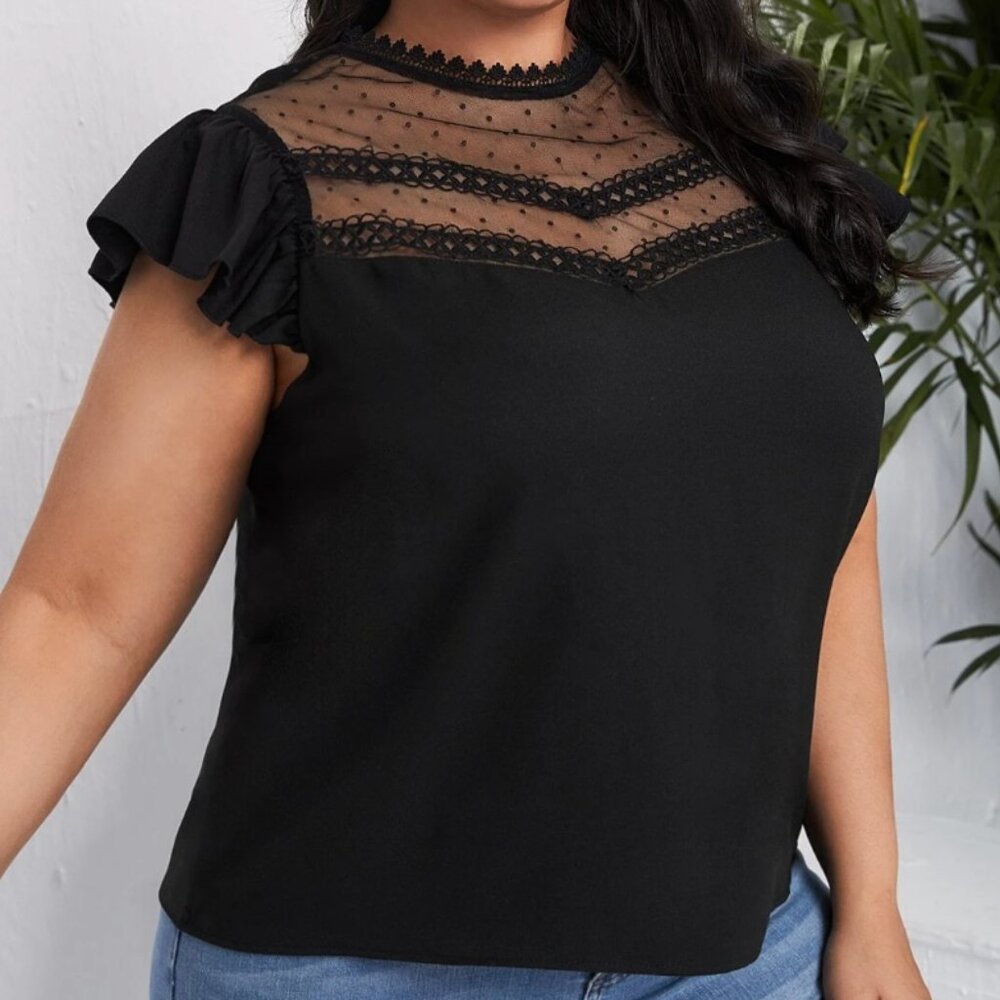 Black Mesh Yoke Butterfly Sleeve Blouse SHEIN Plus sz 1XL
